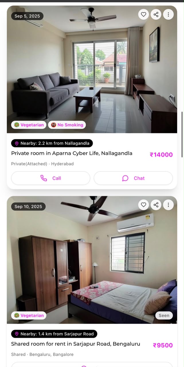 Rentomate app screen showing rental listings