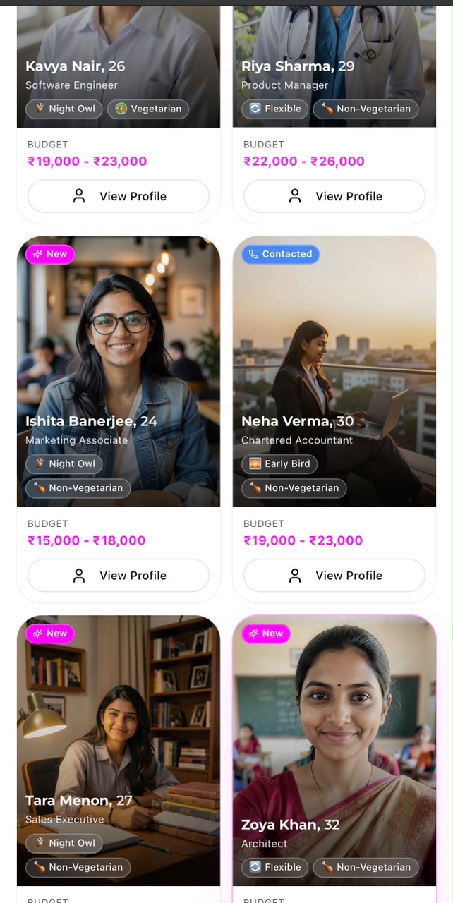 Rentomate app screen showing flatmate matches