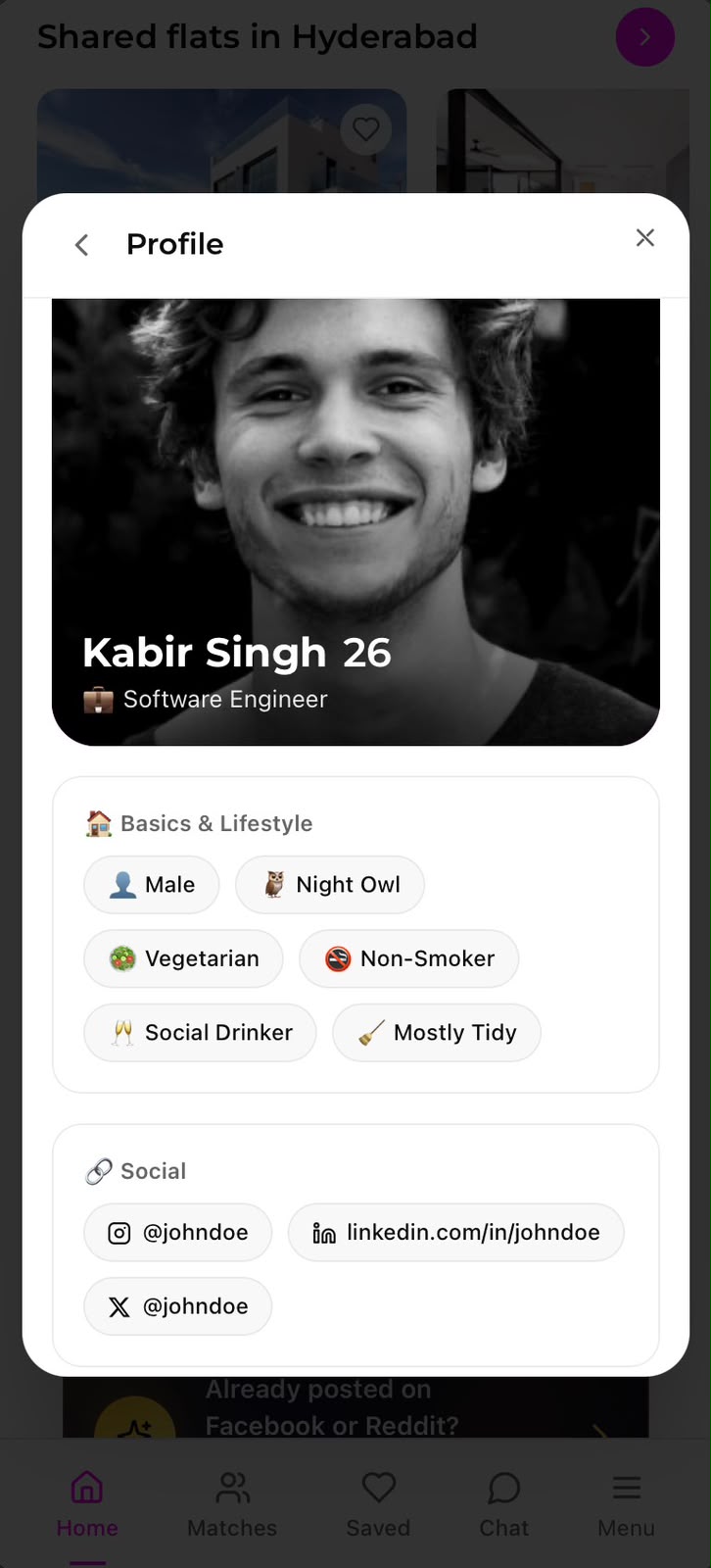 Rentomate app screen showing a flatmate profile