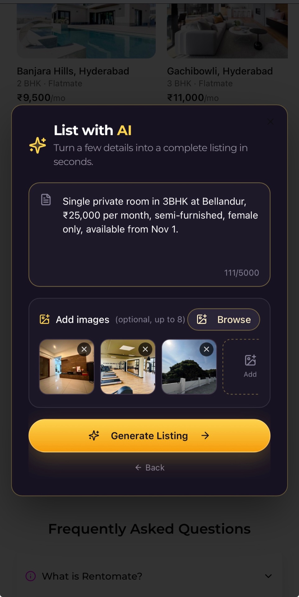 Rentomate's AI turning a pasted description into a listing