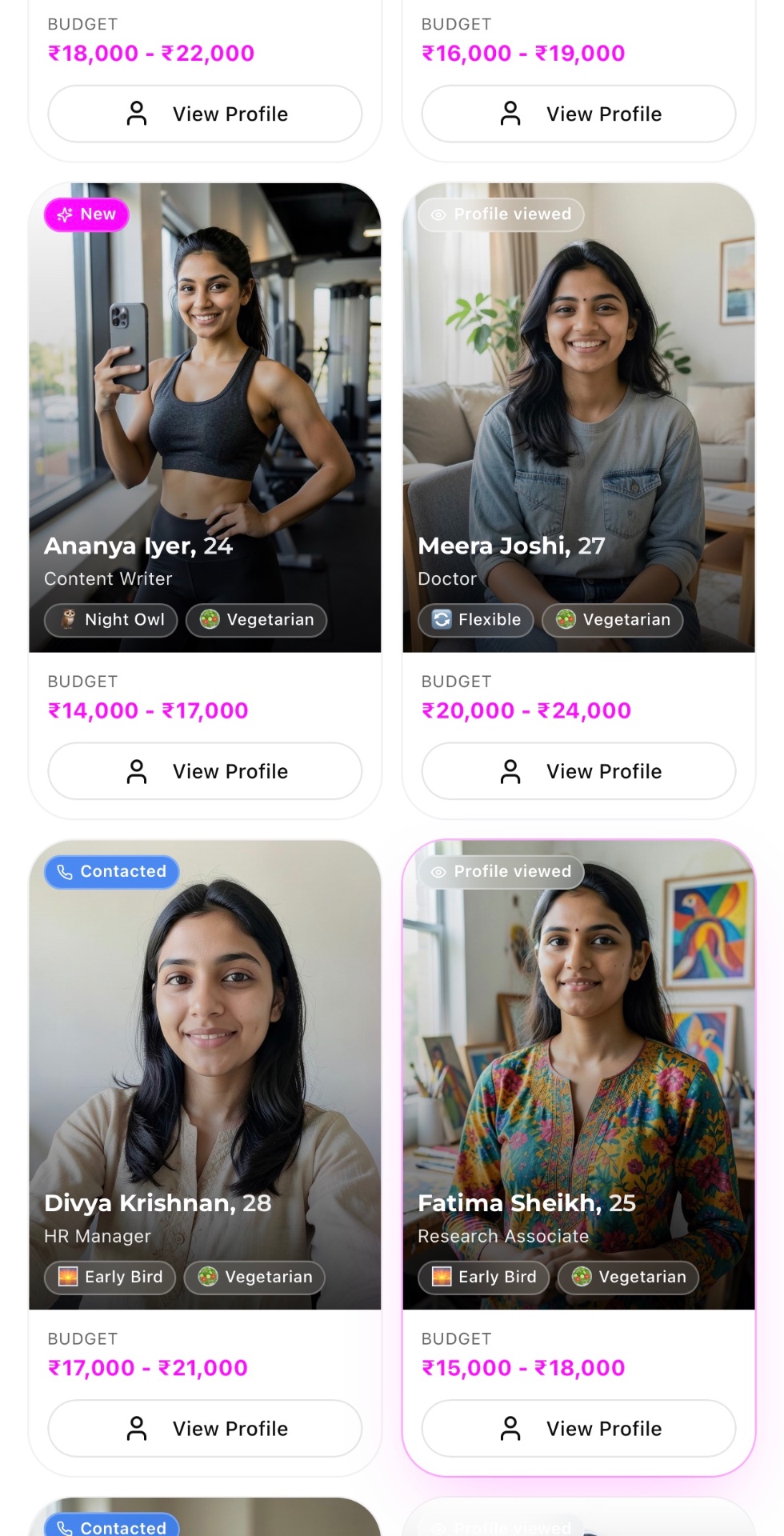 Flatmate match profiles in the Rentomate app