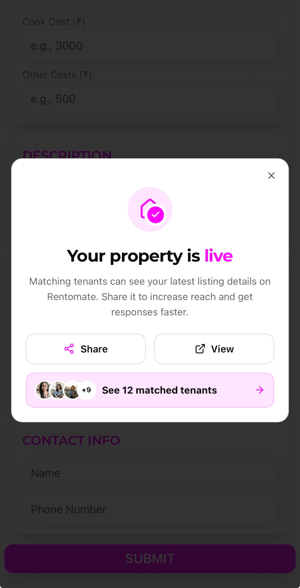 A Rentomate listing confirmed live, with matched tenants